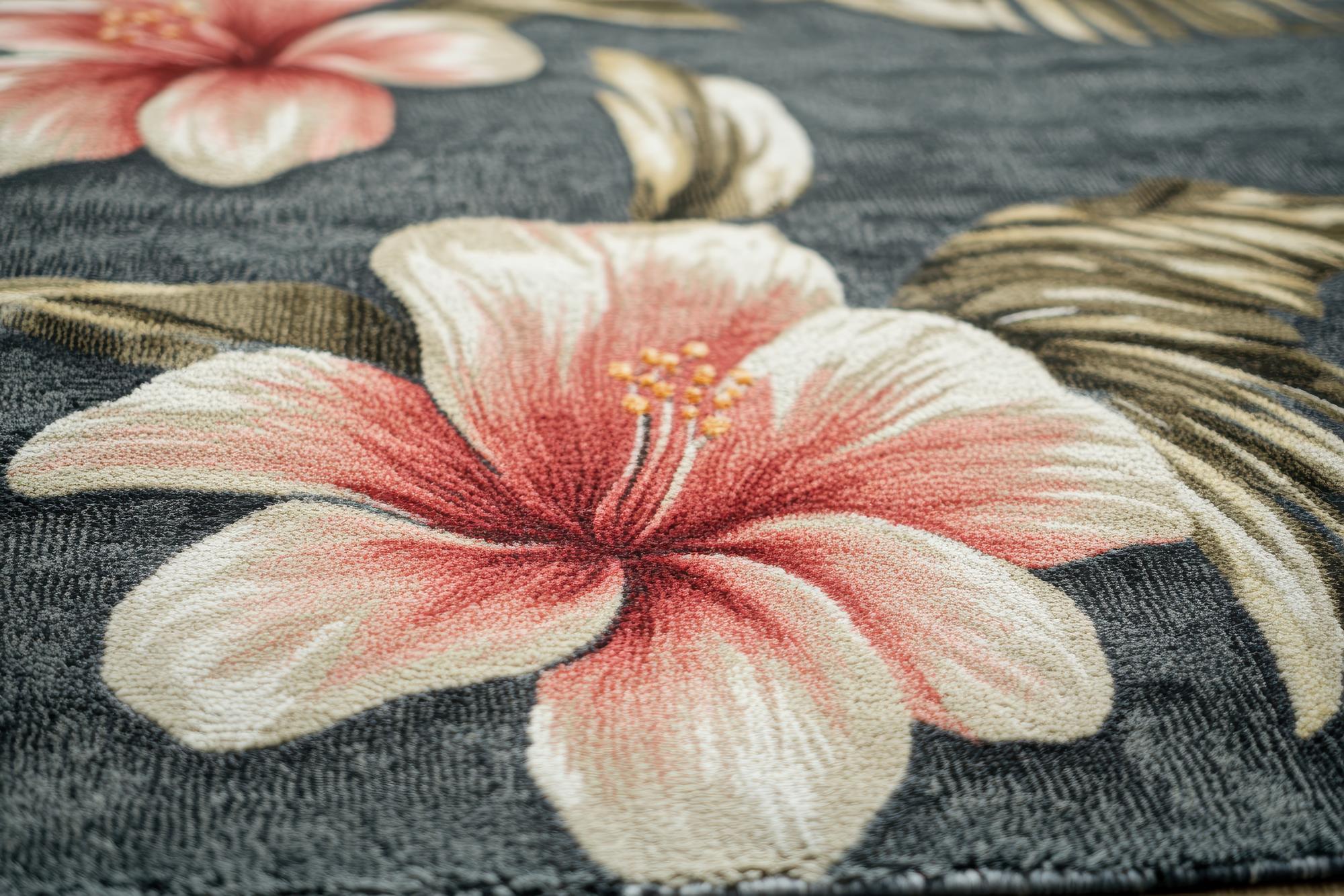 close-up of embroidered floral patch on linen